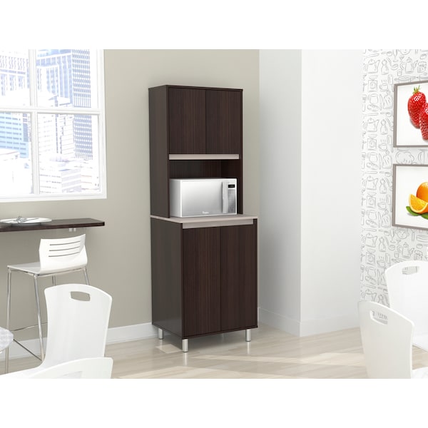 Breakroom Cabinet With 4-Doors and Open Space 23.62 in W x 11.89 in D x 70.87 in H in Espresso and Amber Grey